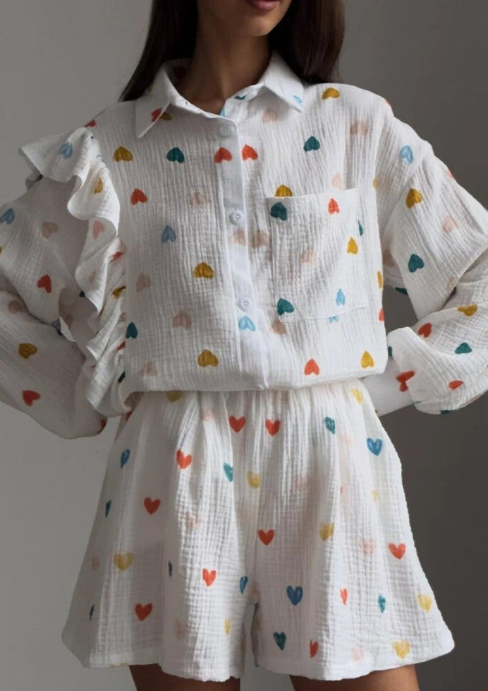 Francesca Set Hartprint Katoenen Overhemd en Shorts Set