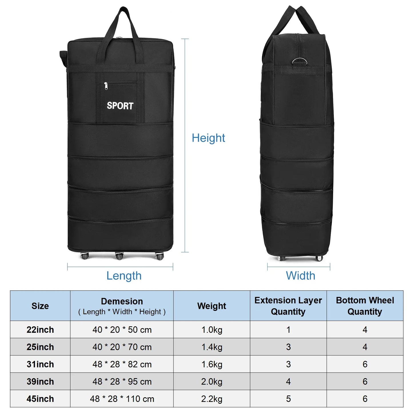 Uitbreidbare Koffer Bag Vouwbare Rollende Bagage Tas 31inch 39inch 45inch Voor Reis Zaken SEREIN