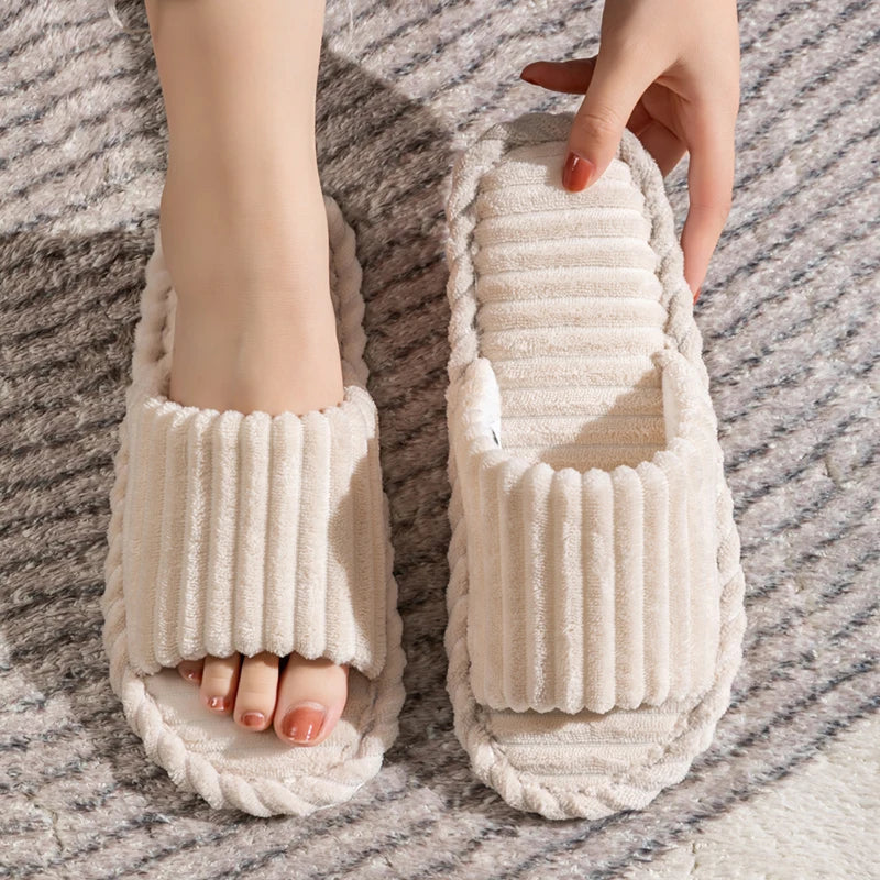 Pantoffels Unisex Met Open Neus Streepjespatroon Sloffen Beige