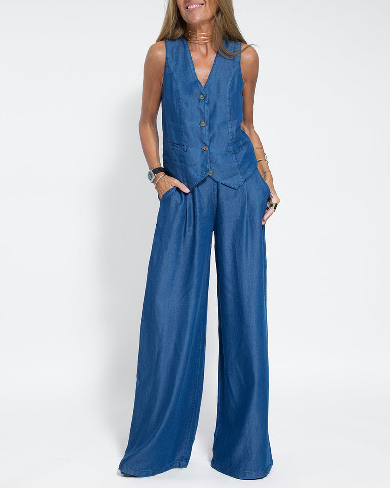 Elegante 2-Delige Set Linnen Wijde Broek En Vest Voor Dames Blauw