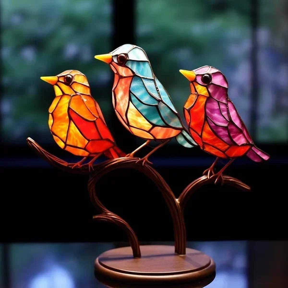 Glas In Lood Vogelsculpturen Set Voor Luxe Interieur 3 Vogels (type 2)