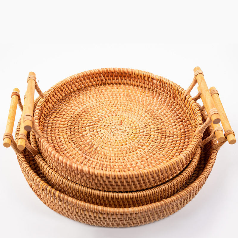 Handgeweven Ronde Rotan Schaal Met Handgrepen Dienblad S & M & L