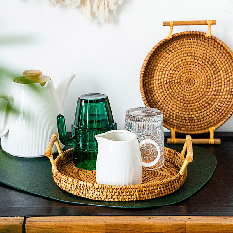 Handgeweven Ronde Rotan Schaal Met Handgrepen Dienblad