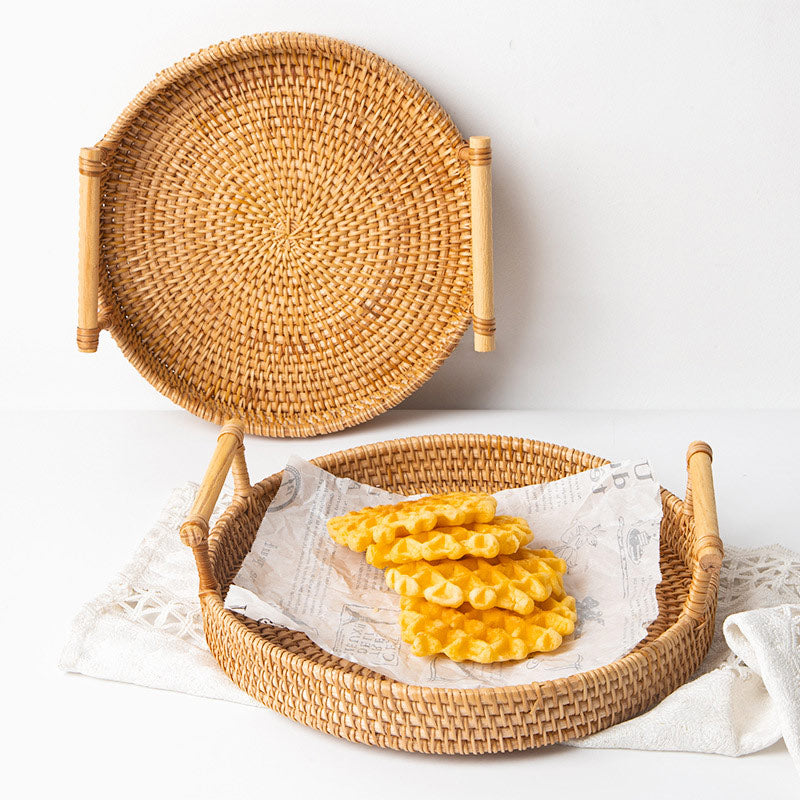 Handgeweven Ronde Rotan Schaal Met Handgrepen Dienblad