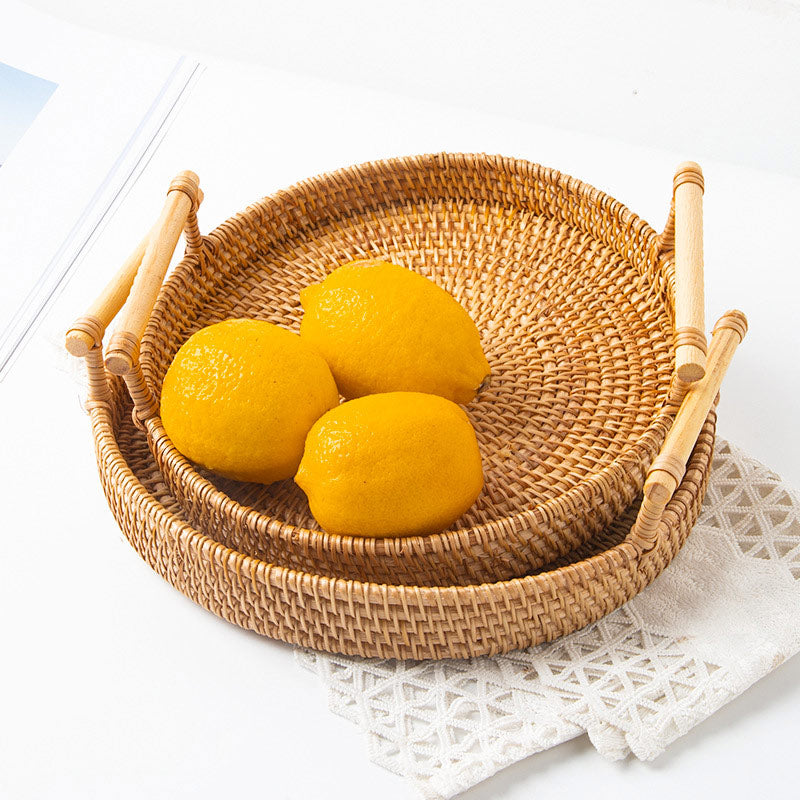 Handgeweven Ronde Rotan Schaal Met Handgrepen Dienblad