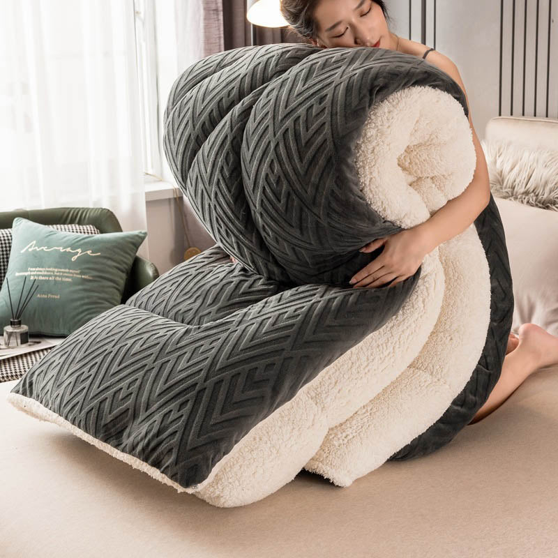 Kleurige Dikke Sherpa Winterdeken Met Quiltkern Warmte Donkergrijs & Wit