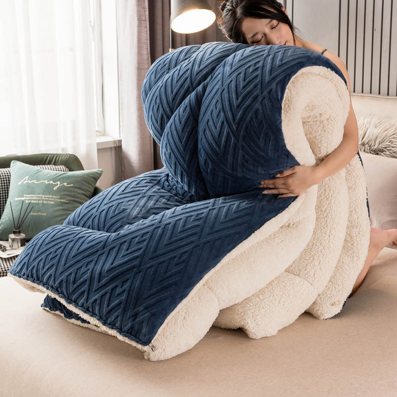 Kleurige Dikke Sherpa Winterdeken Met Quiltkern Warmte Donkerblauw & Wit
