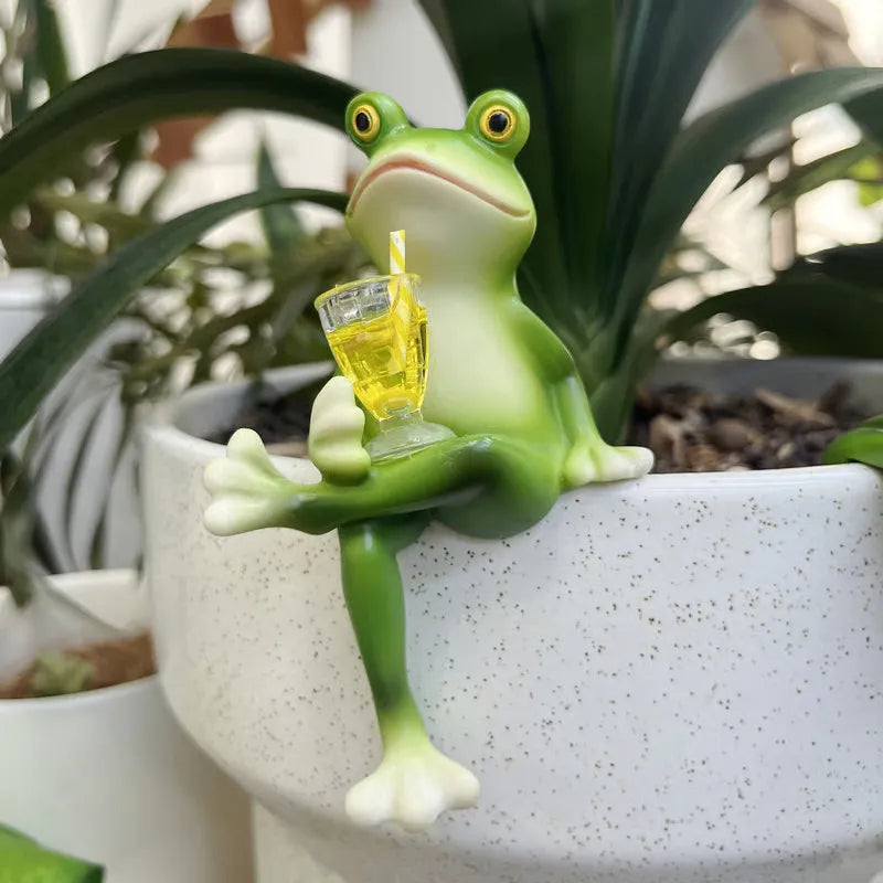 Schattig Kikker Ornament Voor Plantenpot Met Wijnglas Drank Kikker