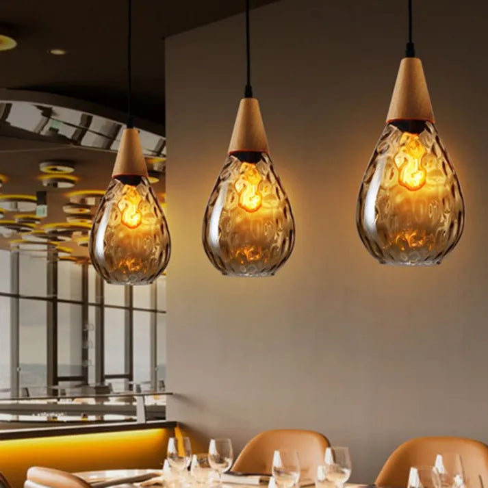 Stijlvolle Druppel Glas Hanglamp Hout Glasontwerp Amber