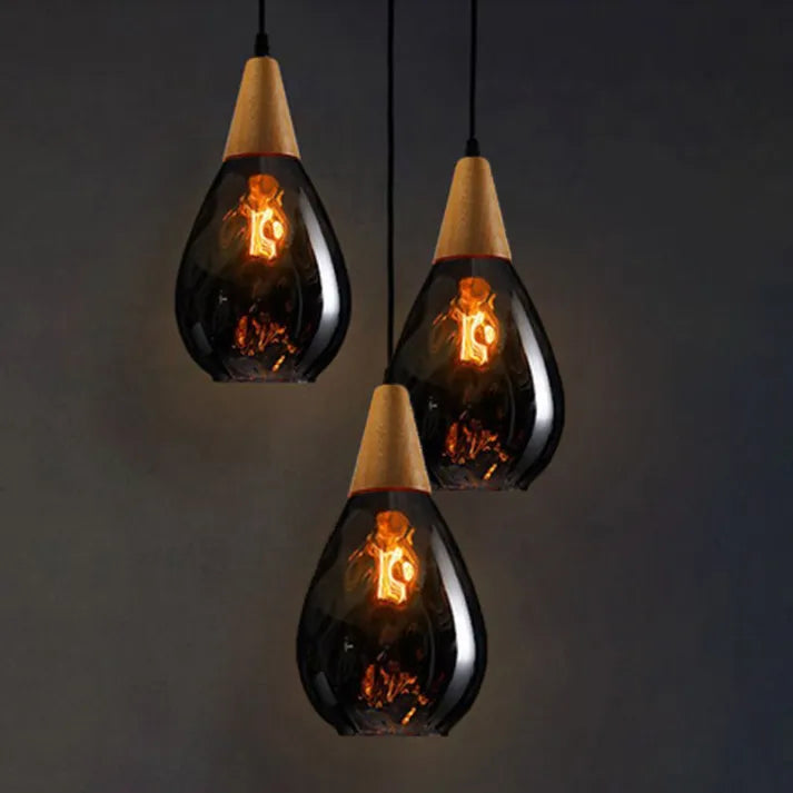Stijlvolle Druppel Glas Hanglamp Hout Glasontwerp Rokerig Grijs