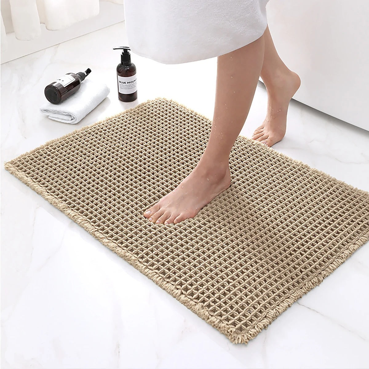 Zachte Absorberende Badmat Met Antislip En Modern Wafeldesign Khaki