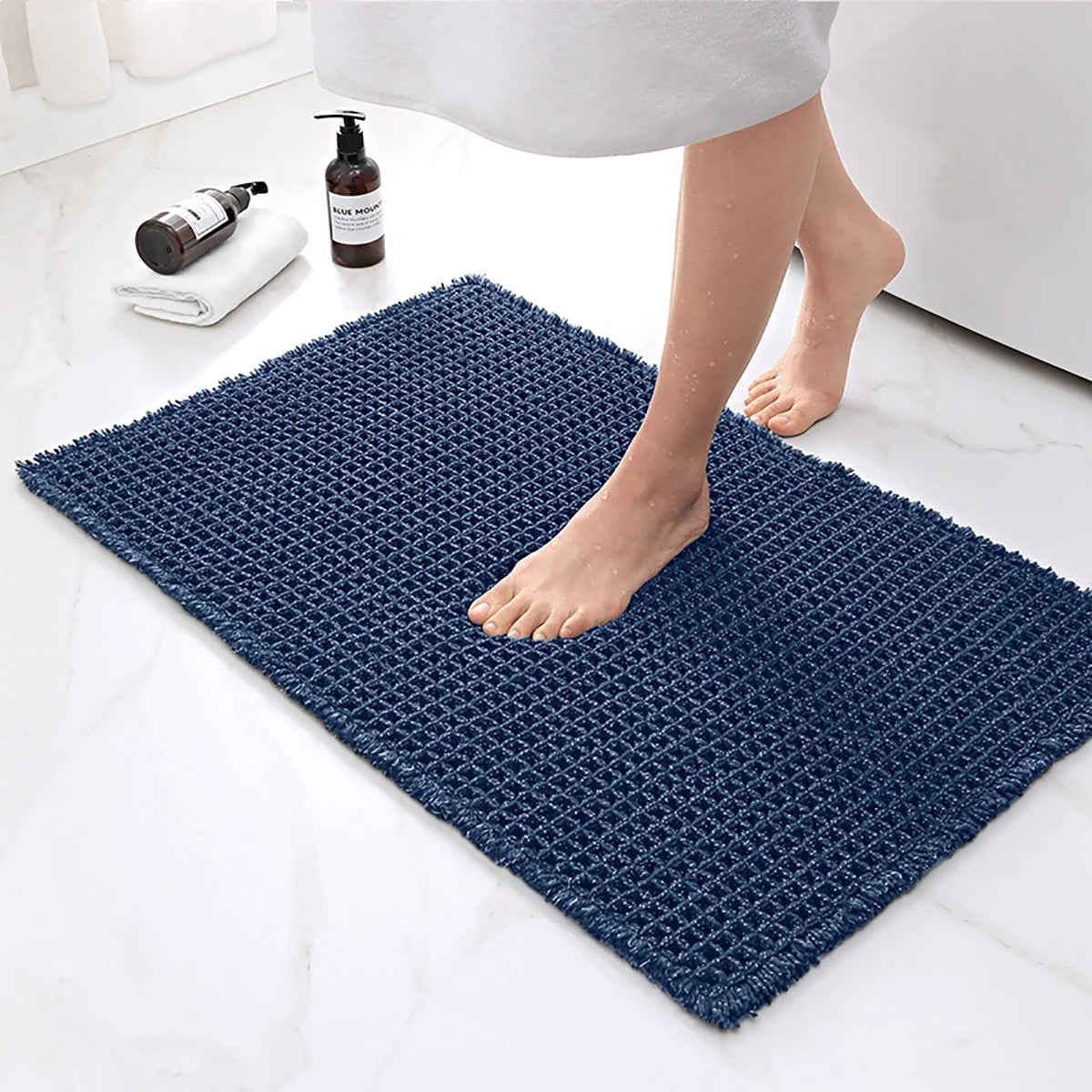 Zachte Absorberende Badmat Met Antislip En Modern Wafeldesign Blauw