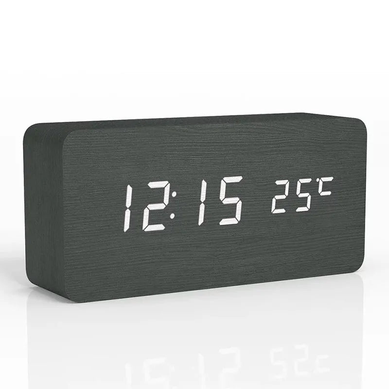 Digitale Houten Wekker Met LED Display En Modern Ontwerp Zwart