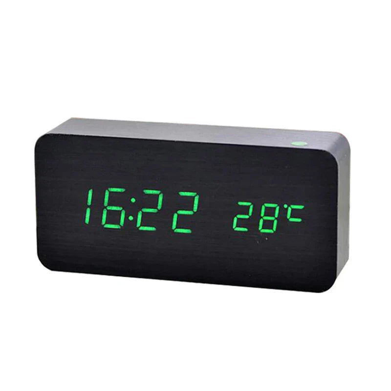 Digitale Houten Wekker Met LED Display En Modern Ontwerp Zwart met groene LED