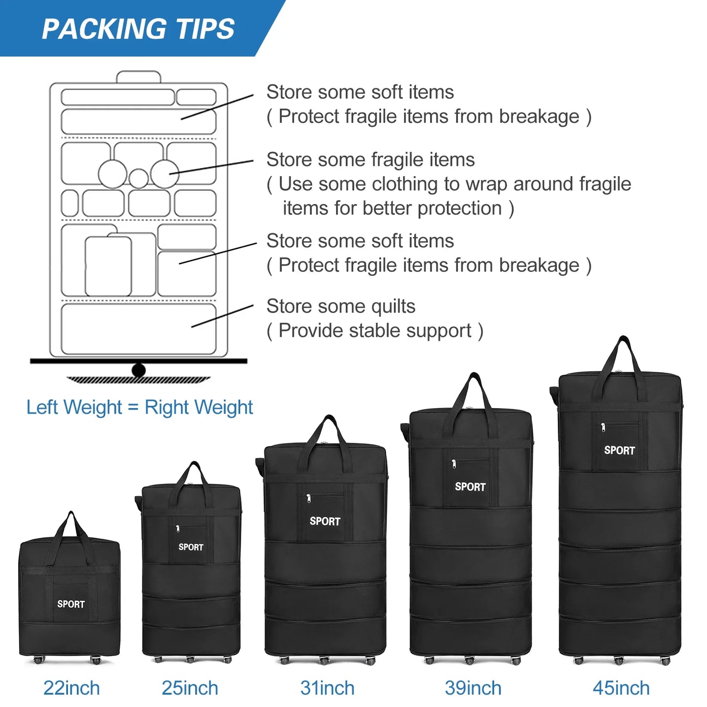 Uitbreidbare Koffer Bag Vouwbare Rollende Bagage Tas 31inch 39inch 45inch Voor Reis Zaken SEREIN