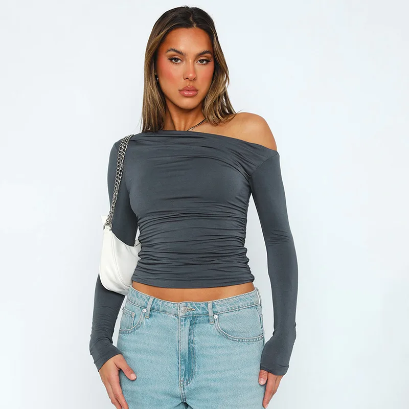 Mooie Zicht Off-Shoulder Lange Mouwen Top Grijs