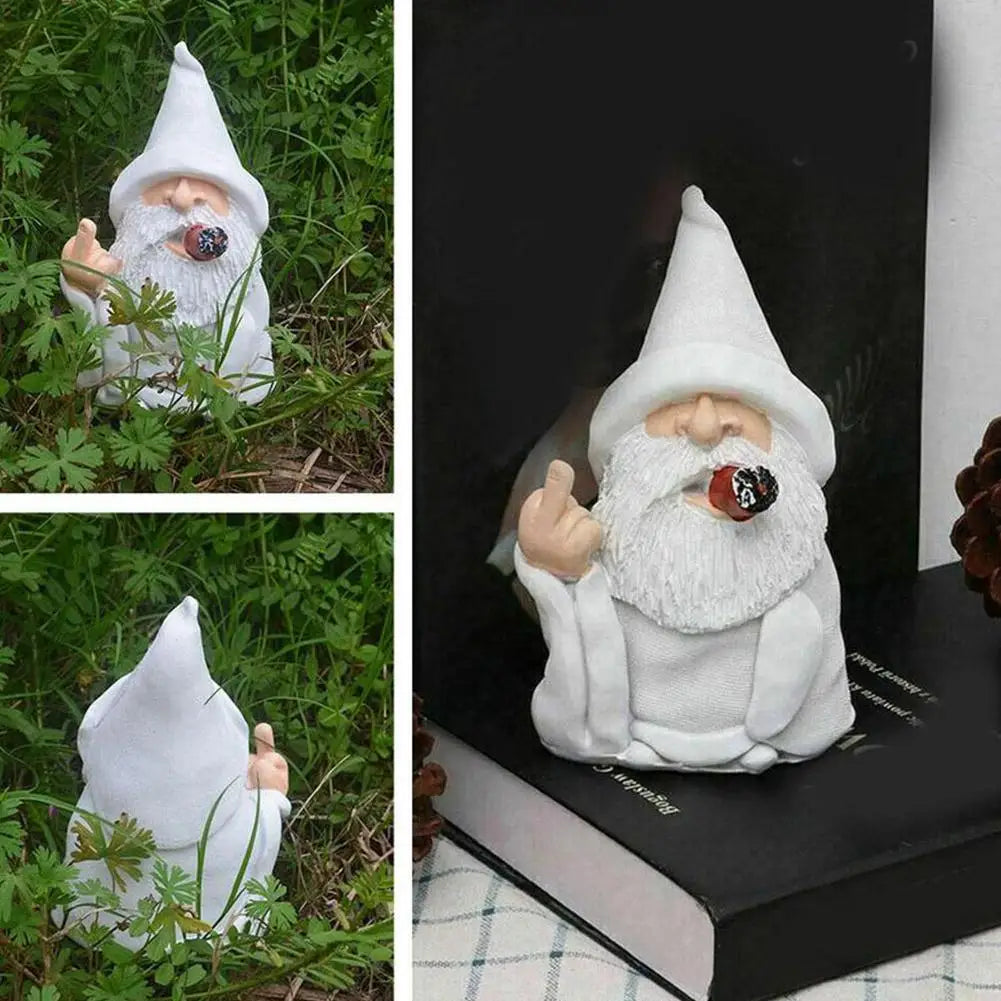 Tuinbeeldje Rookende Oude Man met Witte Baard Houten Decoratie