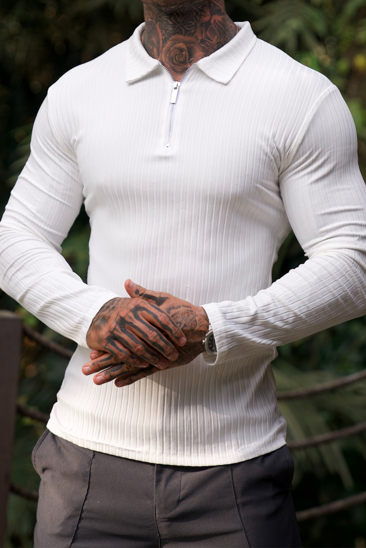 Heren Half-Zip Pullover Katoen Slim Fit Wit