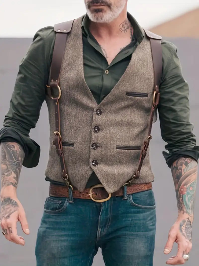 Vintage V-hals Vest Heren – Omkeerbaar Zwart, Lichtbruin, Lichtgrijs
