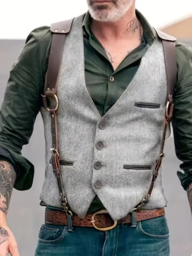 Vintage V-hals Vest Heren – Omkeerbaar Zwart, Lichtbruin, Lichtgrijs