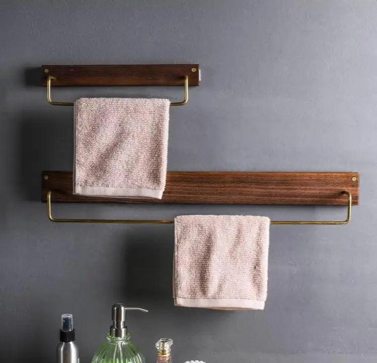 Wandgemonteerde Handdoekhouder Zonder Boren Hout en Messing