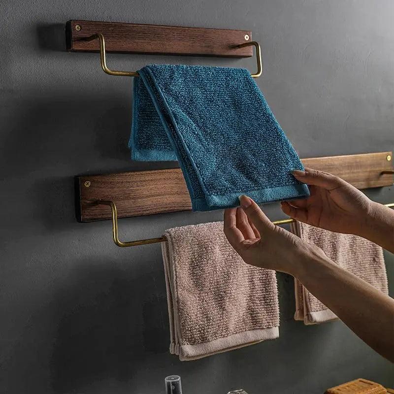Wandgemonteerde Handdoekhouder Zonder Boren Hout en Messing