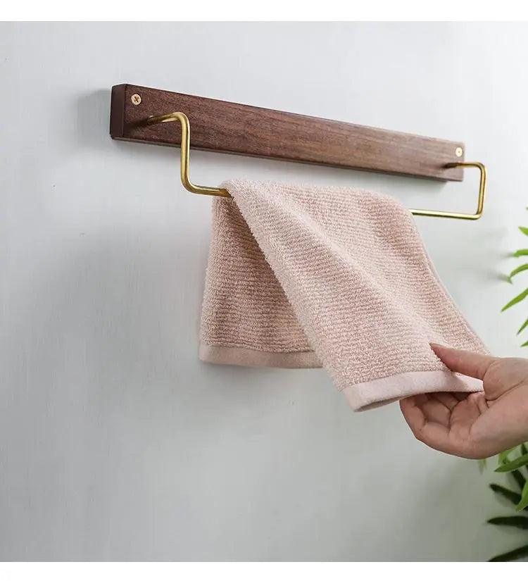 Wandgemonteerde Handdoekhouder Zonder Boren Hout en Messing