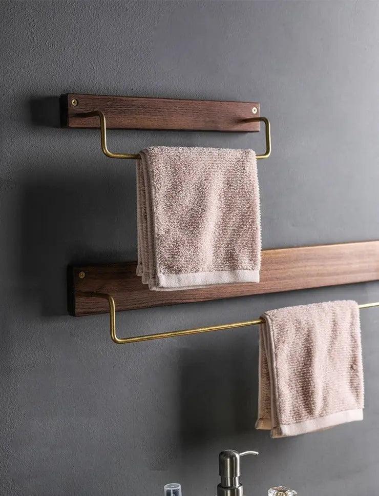 Wandgemonteerde Handdoekhouder Zonder Boren Hout en Messing