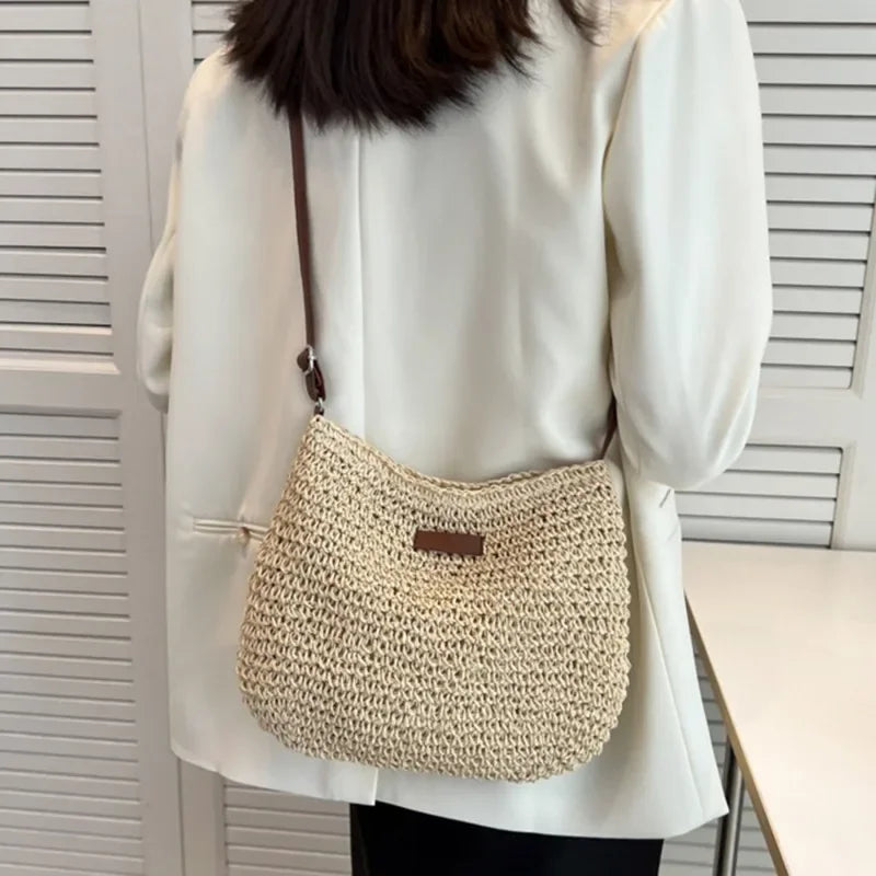 Zomer Strand Schoudertas Dames Geweven Stro Crossbody Tas 29x23 cm Beige