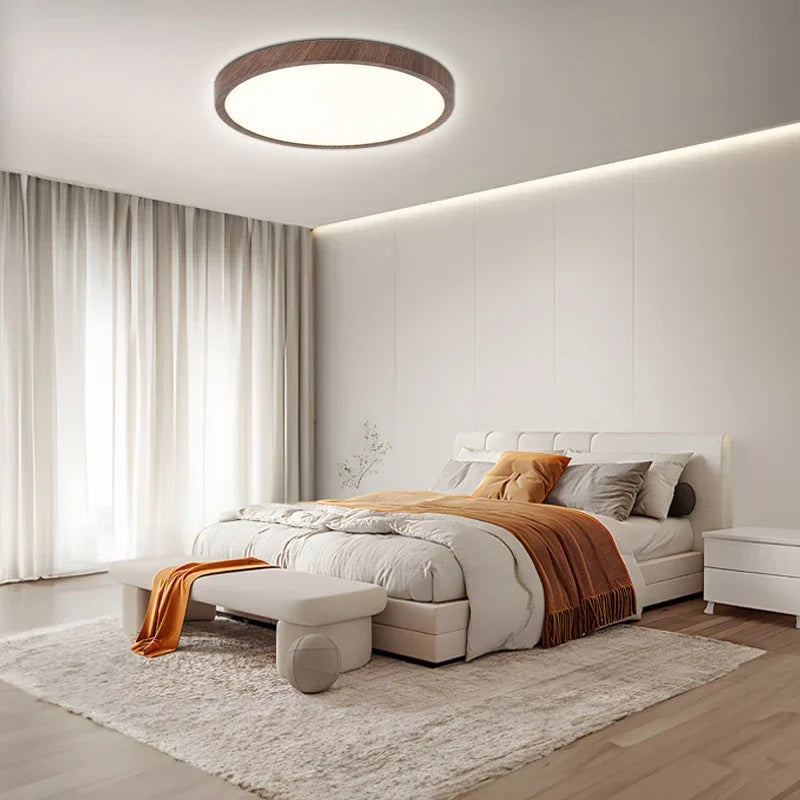 Ultradun Circulair Plafondlicht met Verstelbare LED Verlichting – Warm Walnootkleur, Modern Design voor Woonkamer en Slaapkamer