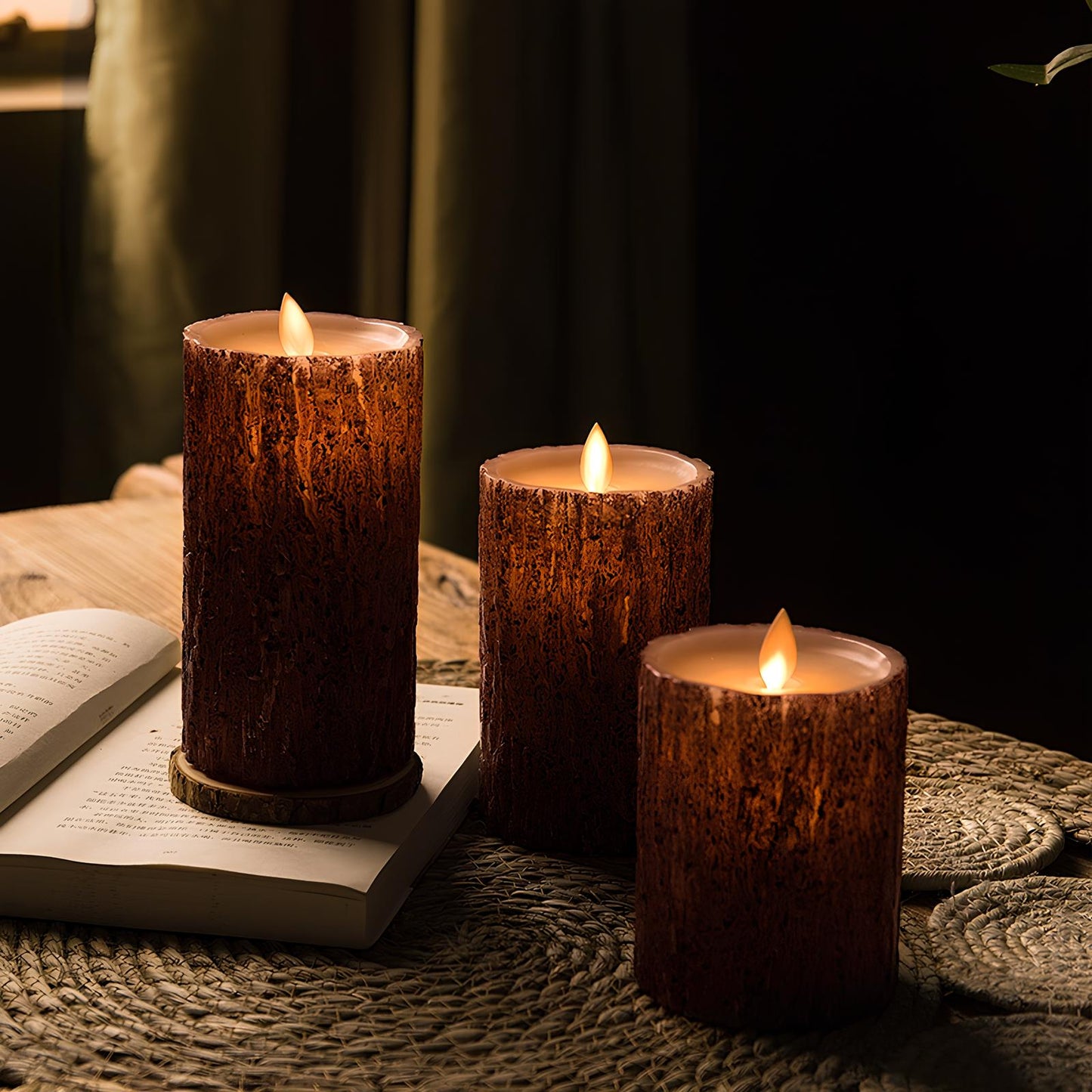 Flameless LED Kaarsen op Batterij - Realistische Verlichting voor Veilig en Duurzaam Gebruik - Meerdere Maten en Stijlen Houten Grand Kaarsen - 3 stuks