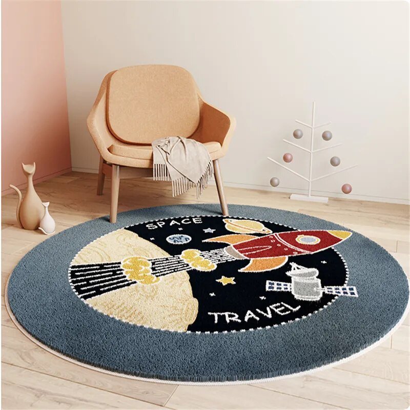Rond Vloerkleed voor Kinderen – Zacht en Duurzaam Speelmat voor Slaapkamer, Machinewasbaar, 60-120 cm Vloerkleden SEREIN Ruimtereizen Doorsnede 60 cm (23,6 inch)