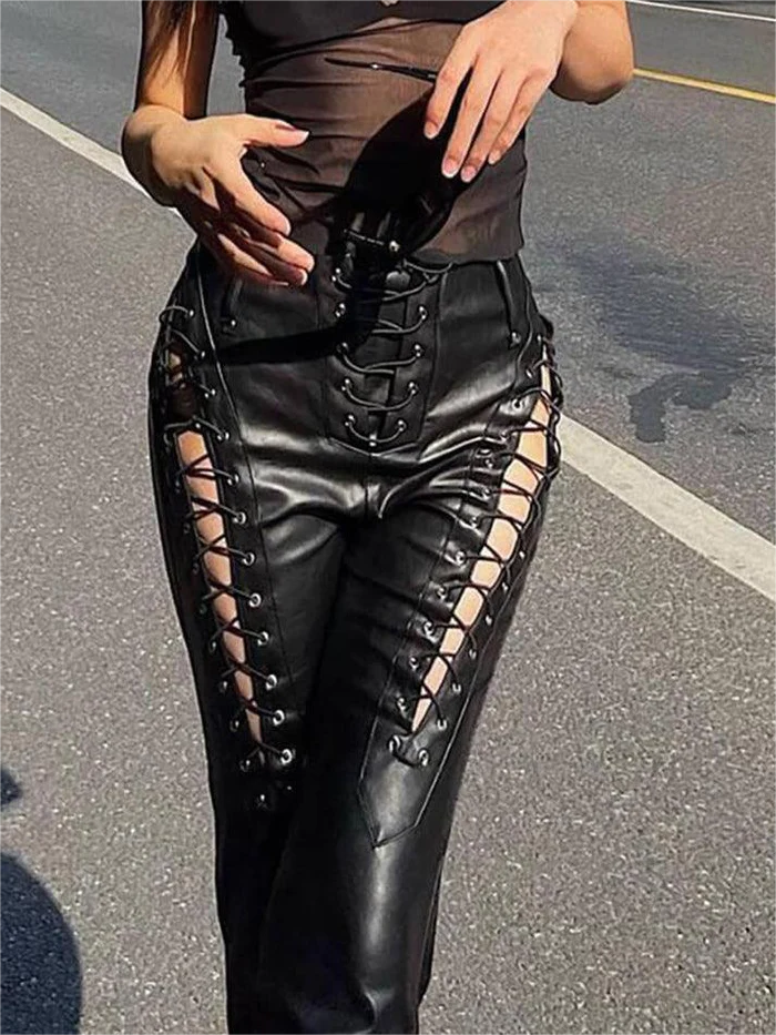 Zwarte Dames Broek PU Leer met Uitsparingen - Trendy Reguliere Pasvorm