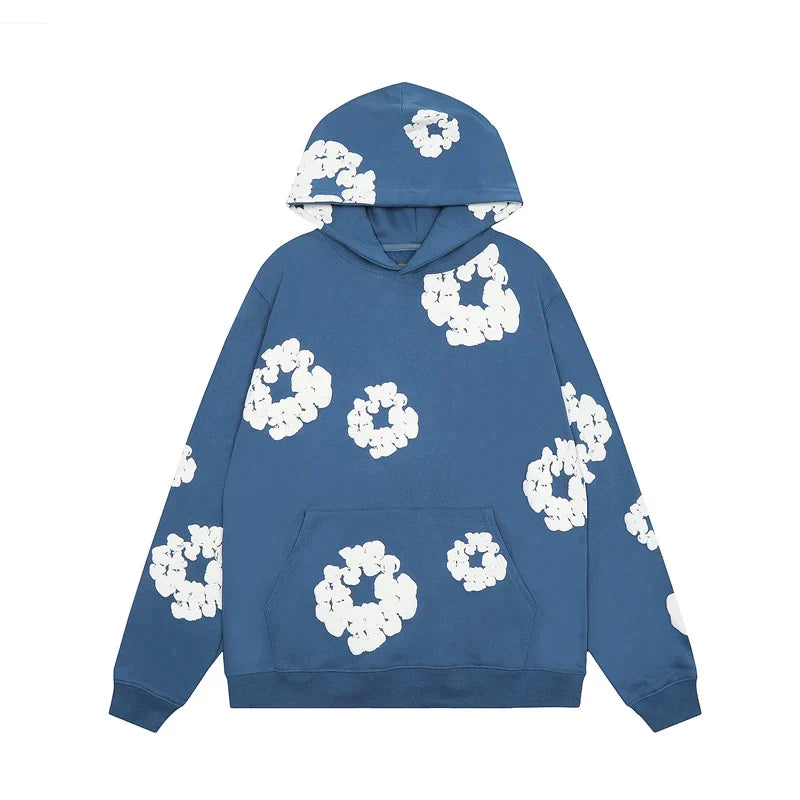 Heren Denim Hoodie met Bloemenprint en Capuchon Katoenmix Blauw