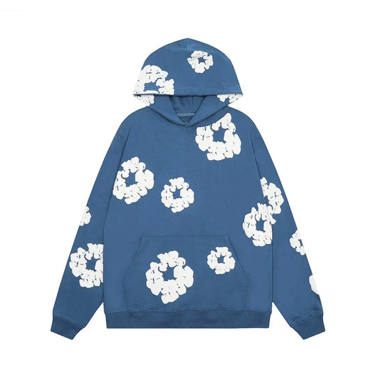 Heren Denim Hoodie met Bloemenprint en Capuchon Katoenmix Blauw