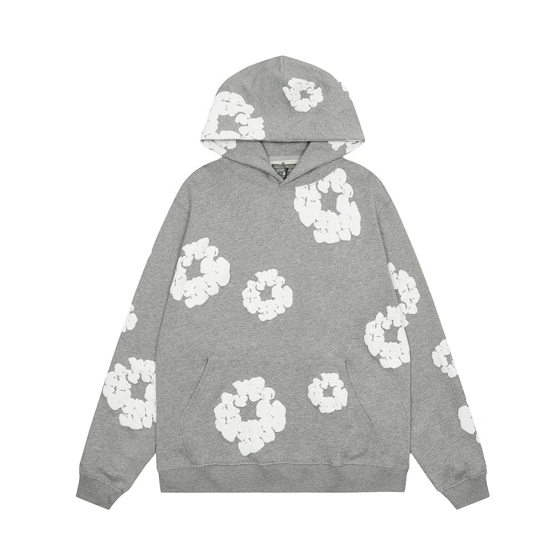 Heren Denim Hoodie met Bloemenprint en Capuchon Katoenmix Grijs