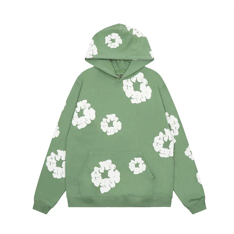 Heren Denim Hoodie met Bloemenprint en Capuchon Katoenmix Groen