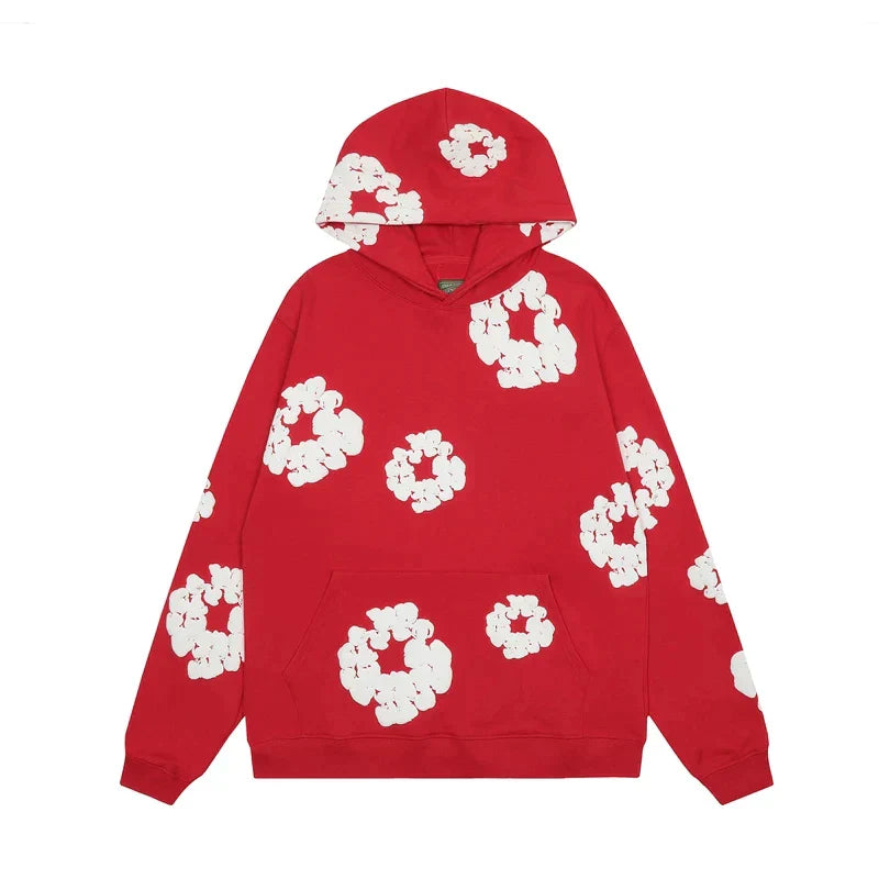 Heren Denim Hoodie met Bloemenprint en Capuchon Katoenmix Rood