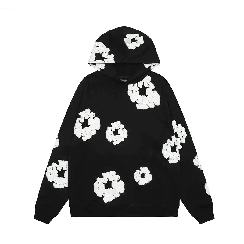 Heren Denim Hoodie met Bloemenprint en Capuchon Katoenmix Zwart