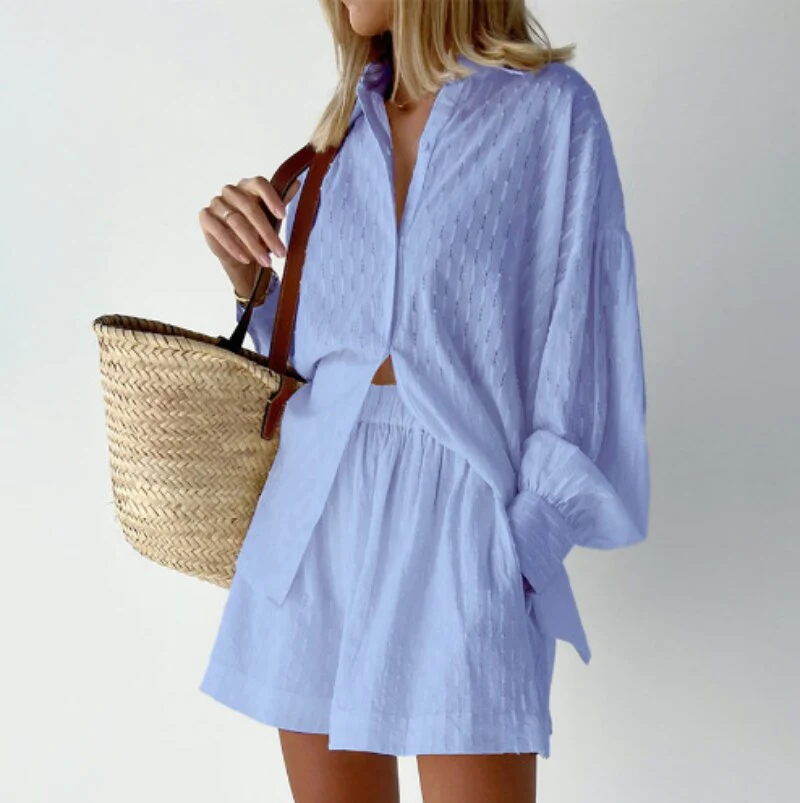 2-Delige Zomerset Dames Short & Blouse Top voor Zomer Lichtblauw