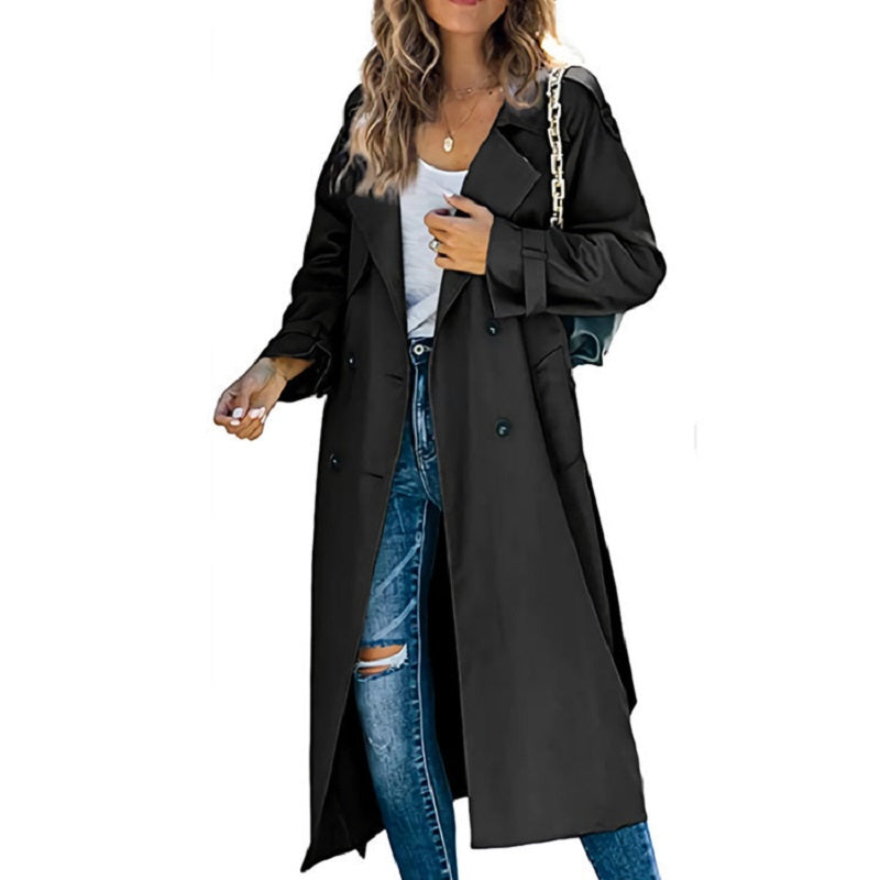 Lange trenchcoat voor dames, dubbele rij knopen, waterafstotende Lange trenchcoat voor dames, dubbele rij knopen, waterafstotende