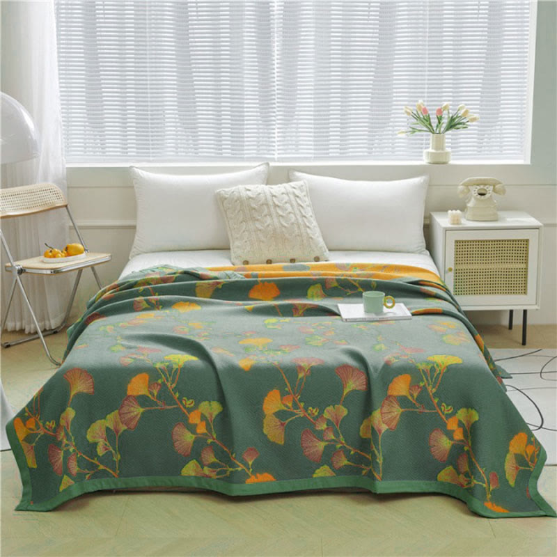 Ginkgo Blad Jacquard Katoenen Omkeerbare Dekbed Quilts SEREIN