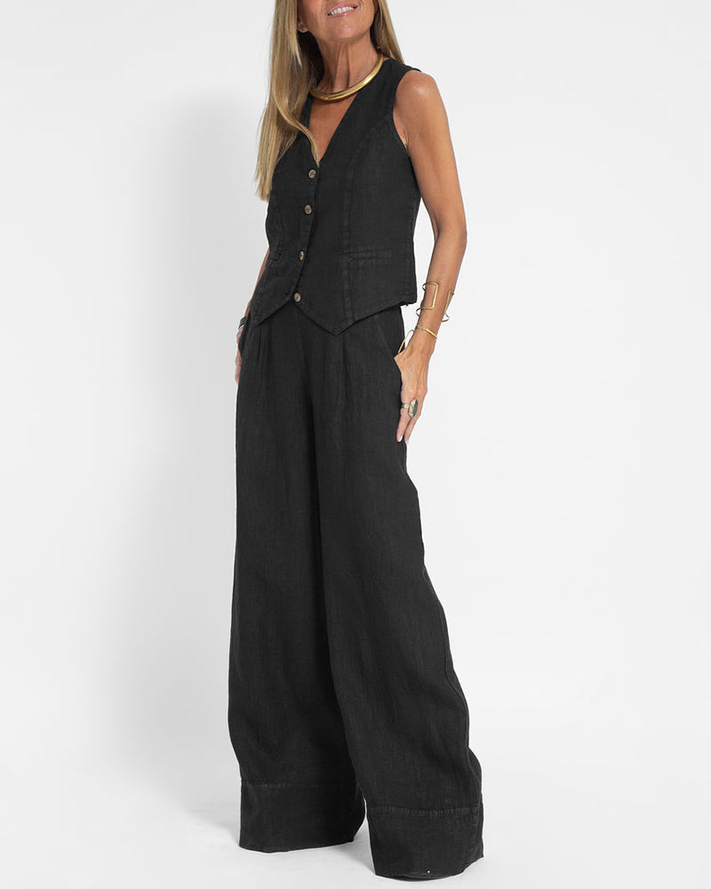 Elegante 2-Delige Set Linnen Wijde Broek En Vest Voor Dames Zwart