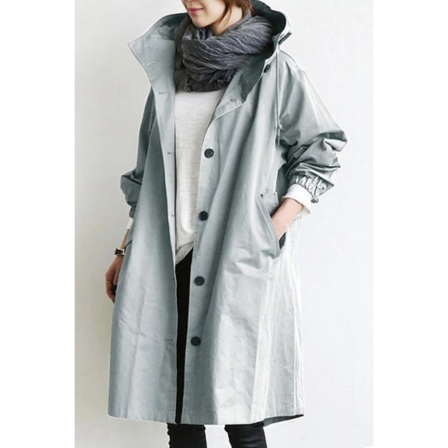 Lange Dames Trenchcoat Met Capuchon In Diverse Kleuren Lichtgrijs