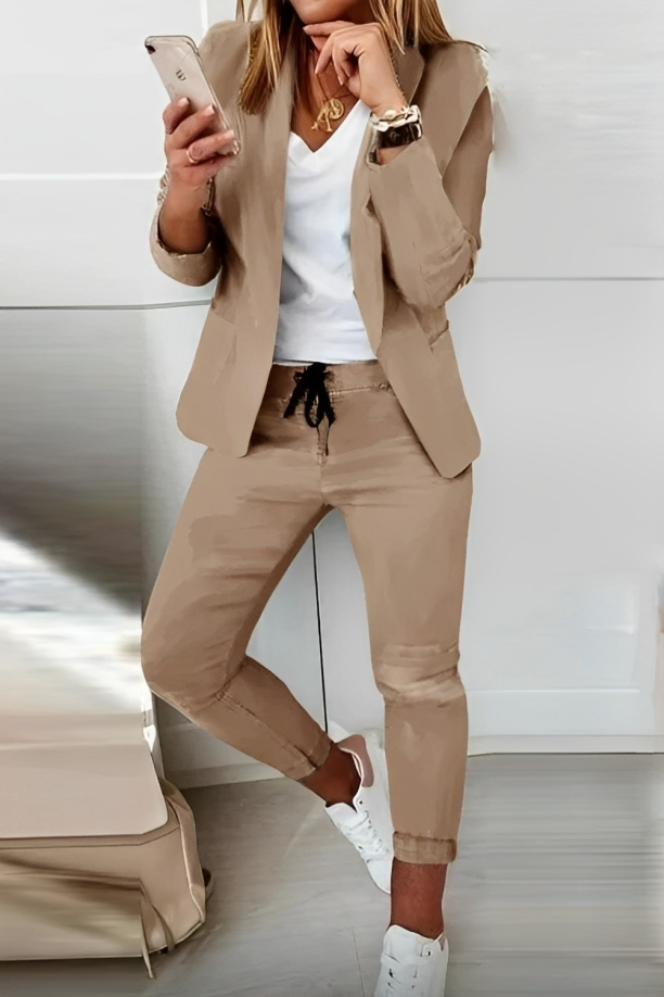 2-Delige Blazer Set Dames Voor Elke Gelegenheid Khaki
