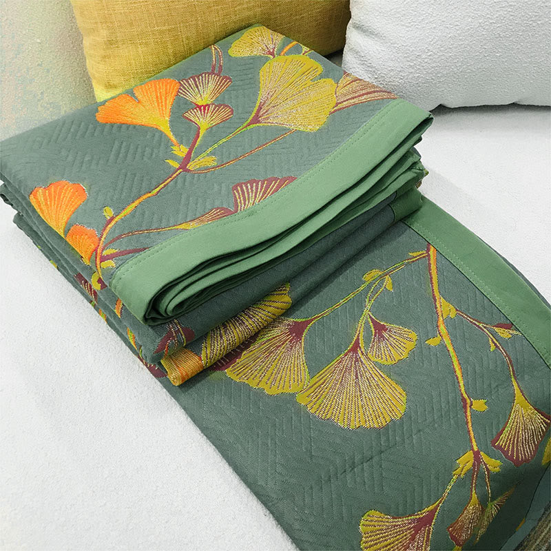 Ginkgo Blad Jacquard Katoenen Omkeerbare Dekbed Quilts SEREIN
