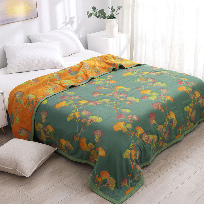 Ginkgo Blad Jacquard Katoenen Omkeerbare Dekbed Quilts SEREIN Groen & Oranje Volledig