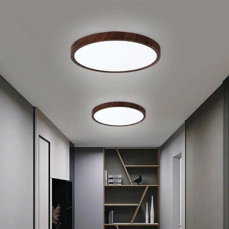 Ultradun Circulair Plafondlicht met Verstelbare LED Verlichting – Warm Walnootkleur, Modern Design voor Woonkamer en Slaapkamer