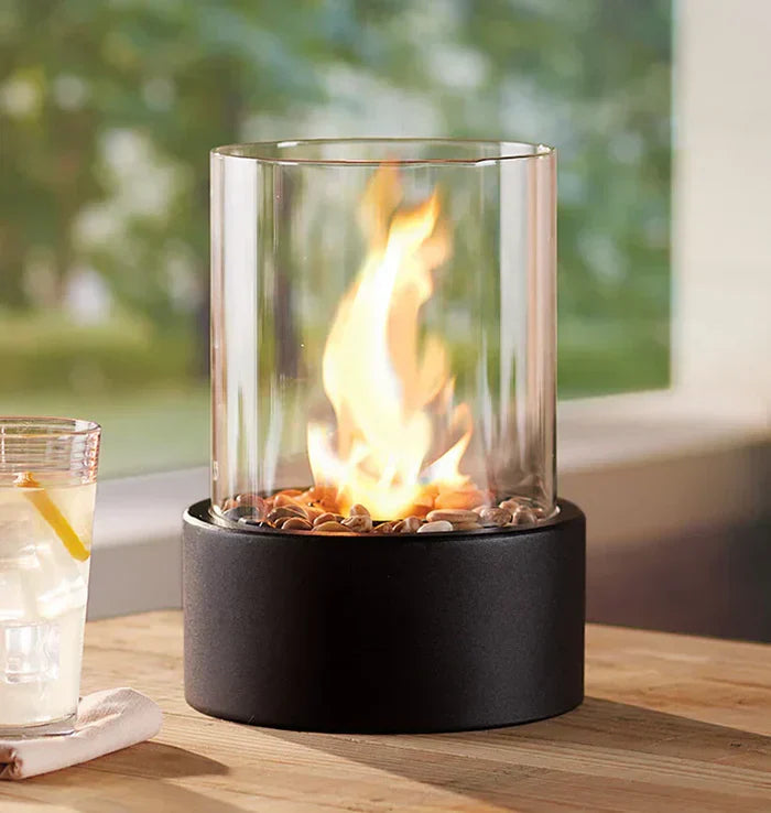 Draagbare Vuur Lantaarn – Modern Design voor Binnen en Buiten, Ronde Stalen Borosilicaat met Poedercoating