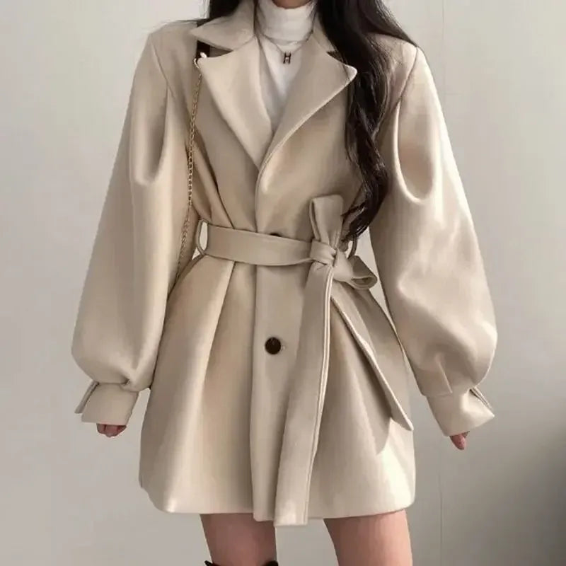Dames Trenchcoat Wool Blend Belted Waist Wide Lapel Beige